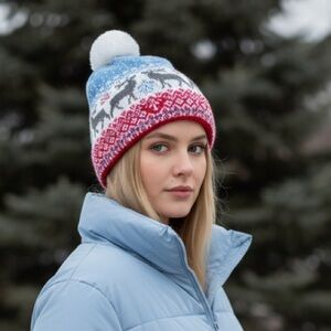 Starling Pom Beanie Reindeer Red White and Blue Ski Hat